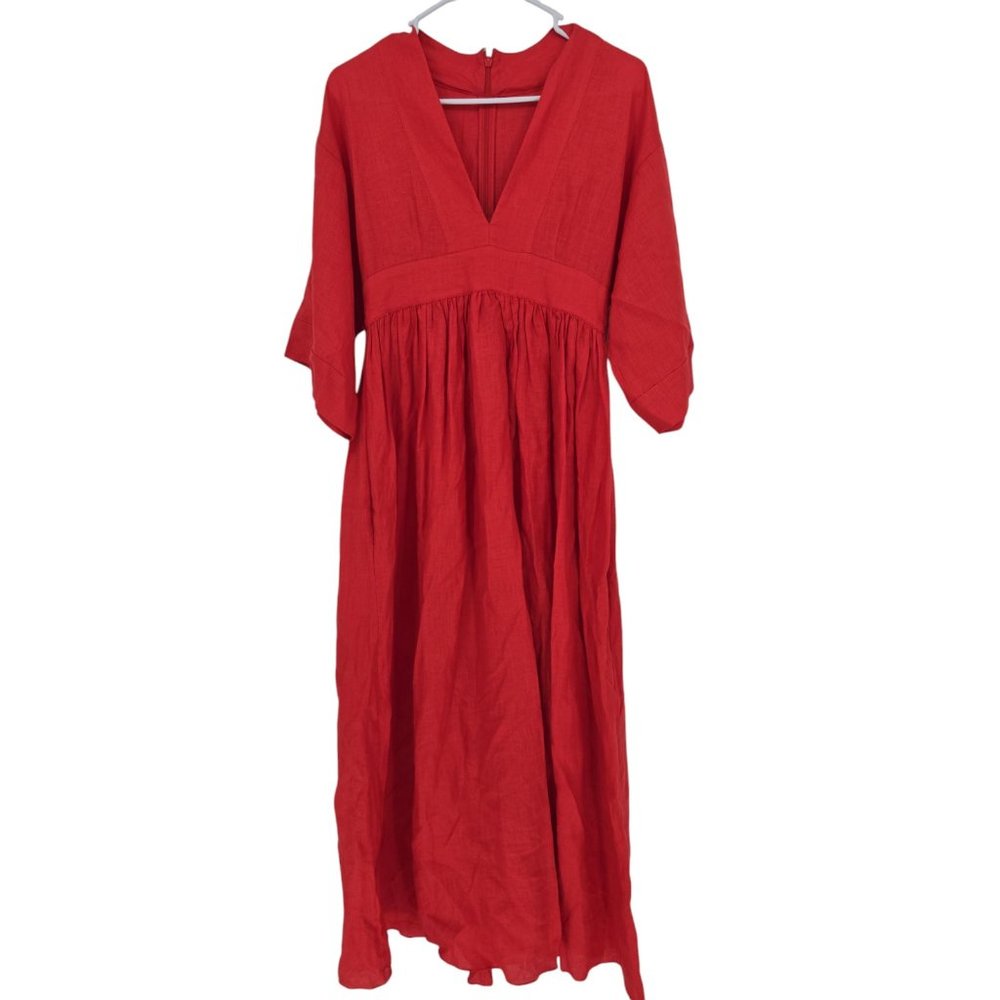 Three Graces London Size 4 Maxi Dress Coral 100% Linen Pockets Babydoll Pleated